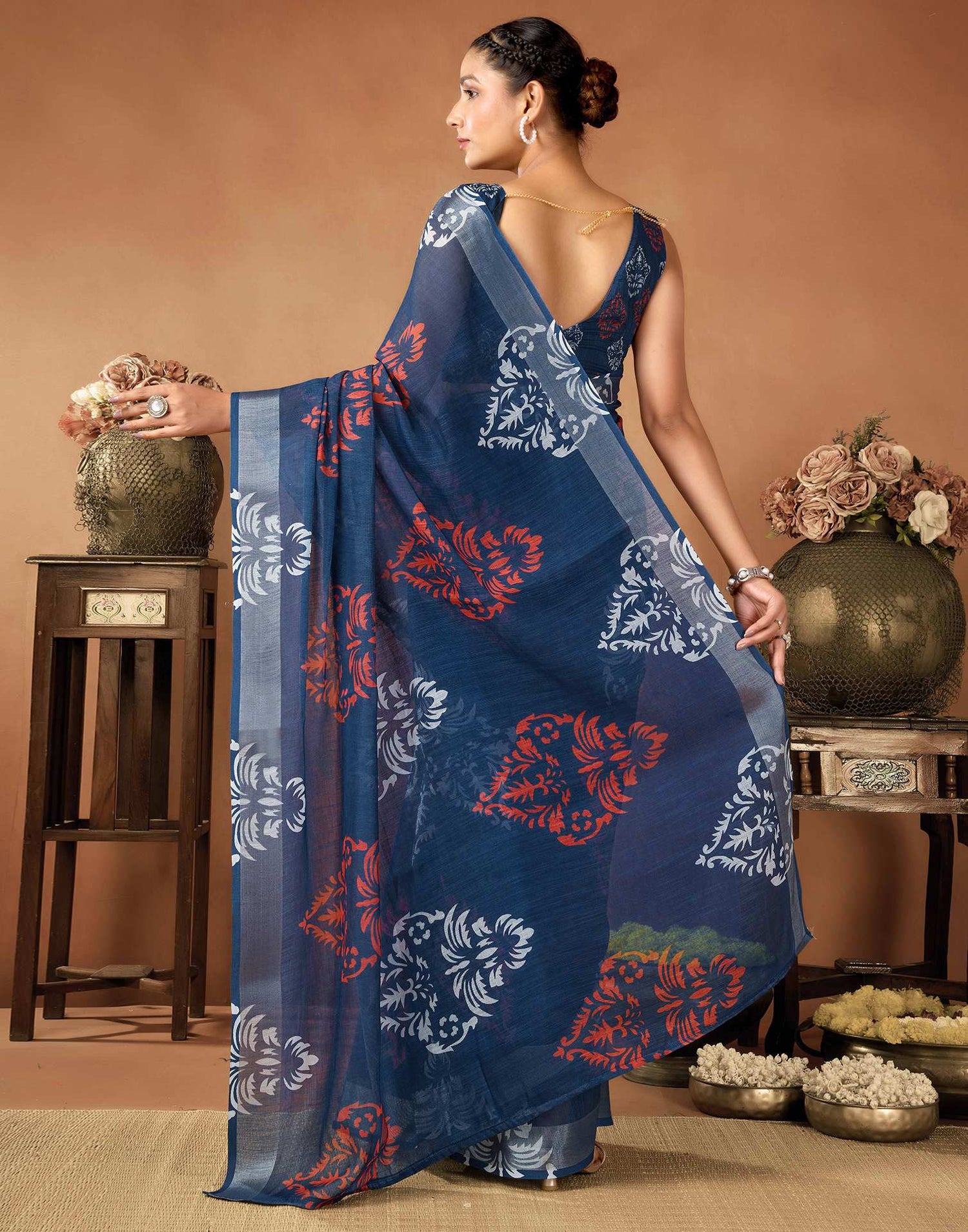 Navy Blue Cotton Linen Printed Saree