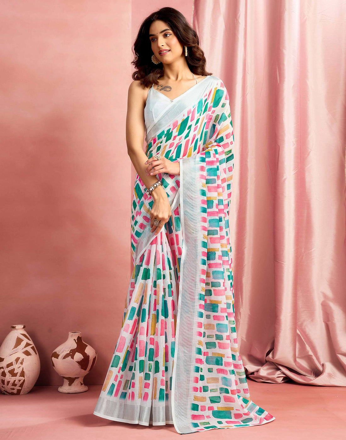 White Cotton Linen Printed Saree
