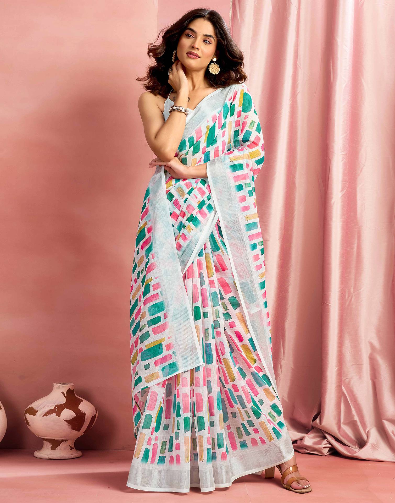 White Cotton Linen Printed Saree