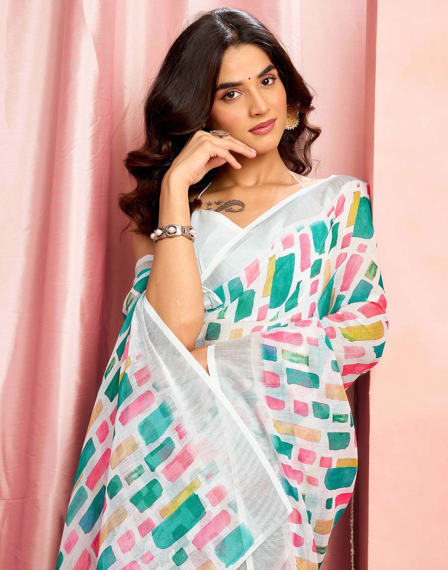 White Cotton Linen Printed Saree