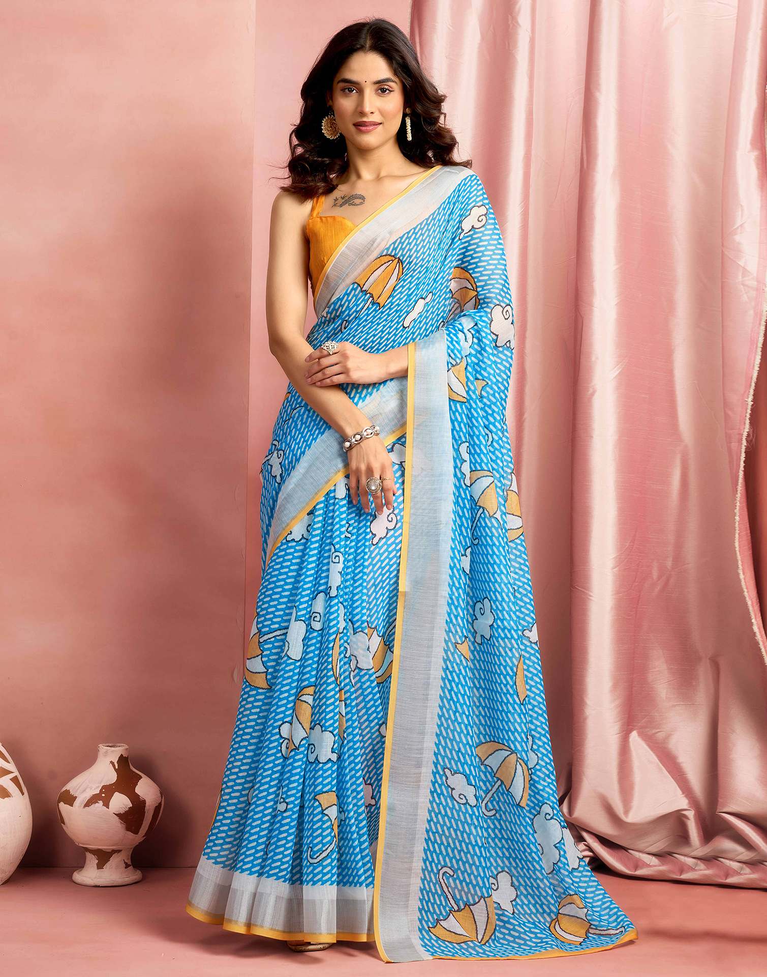 Sky Blue Cotton Linen Printed Saree