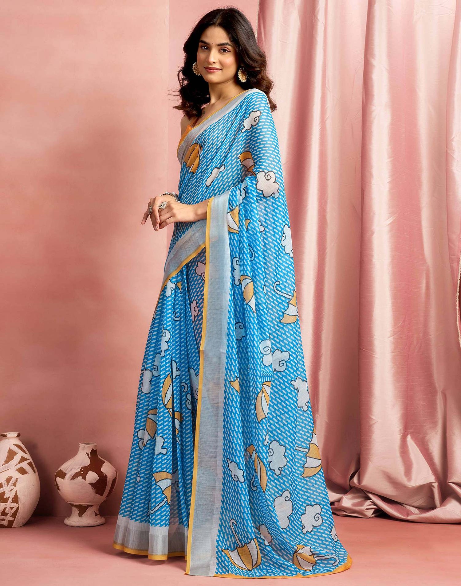 Sky Blue Cotton Linen Printed Saree