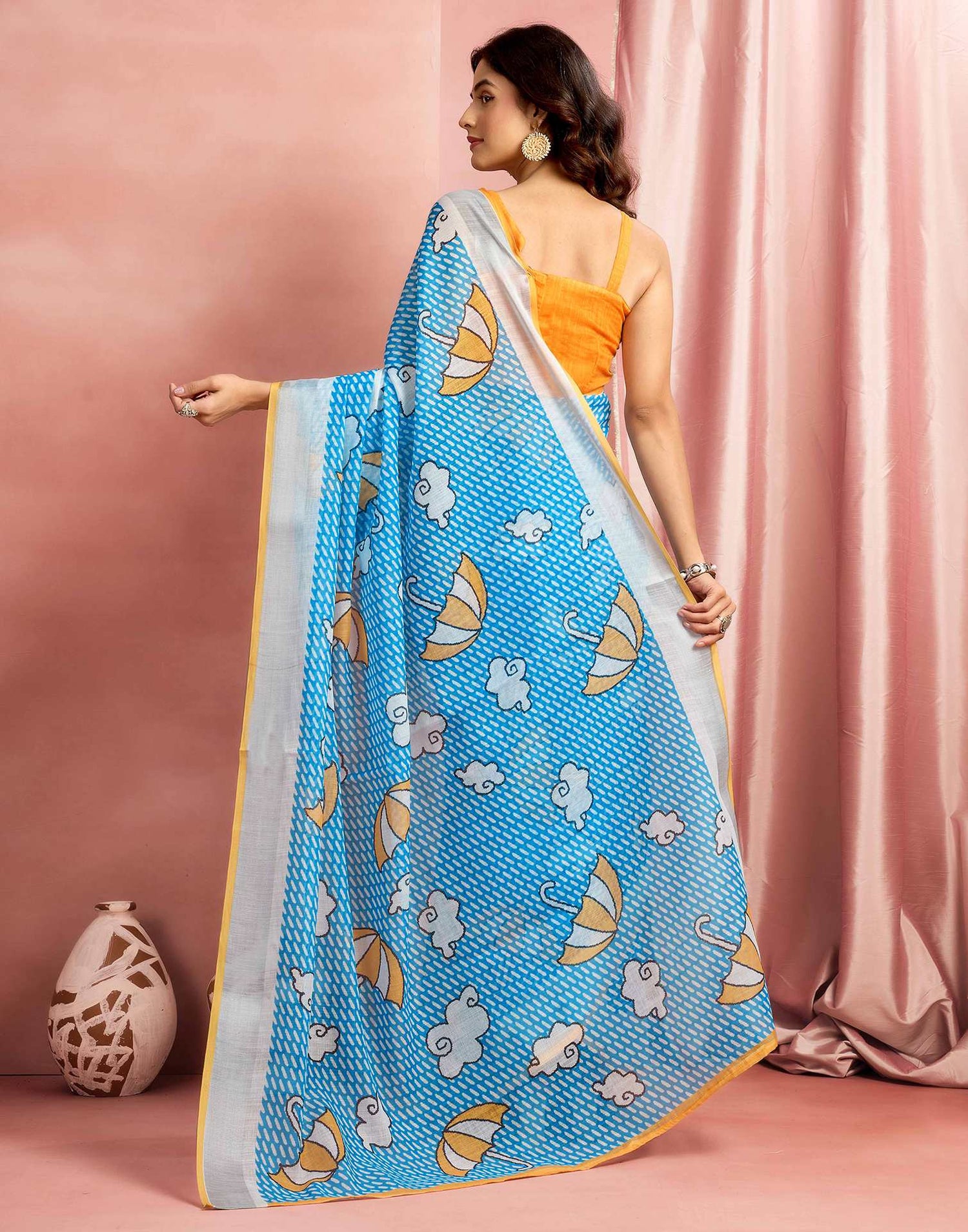 Sky Blue Cotton Linen Printed Saree