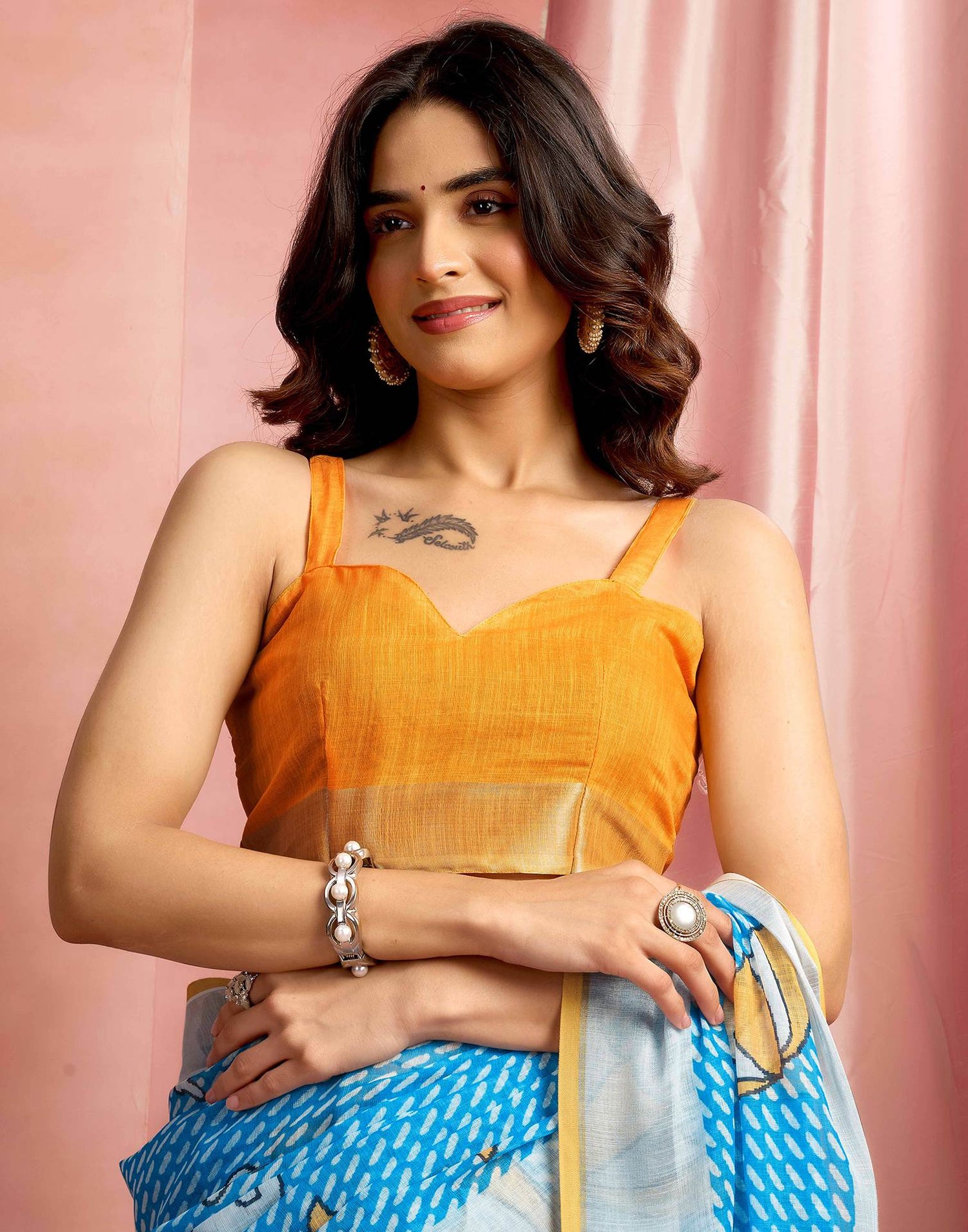 Sky Blue Cotton Linen Printed Saree