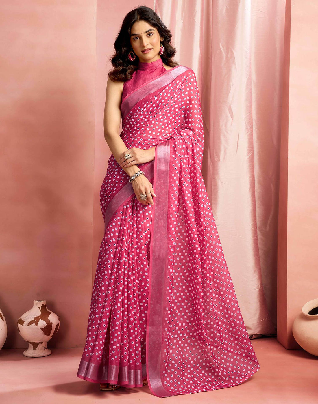 Dark Pink Cotton Linen Printed Saree