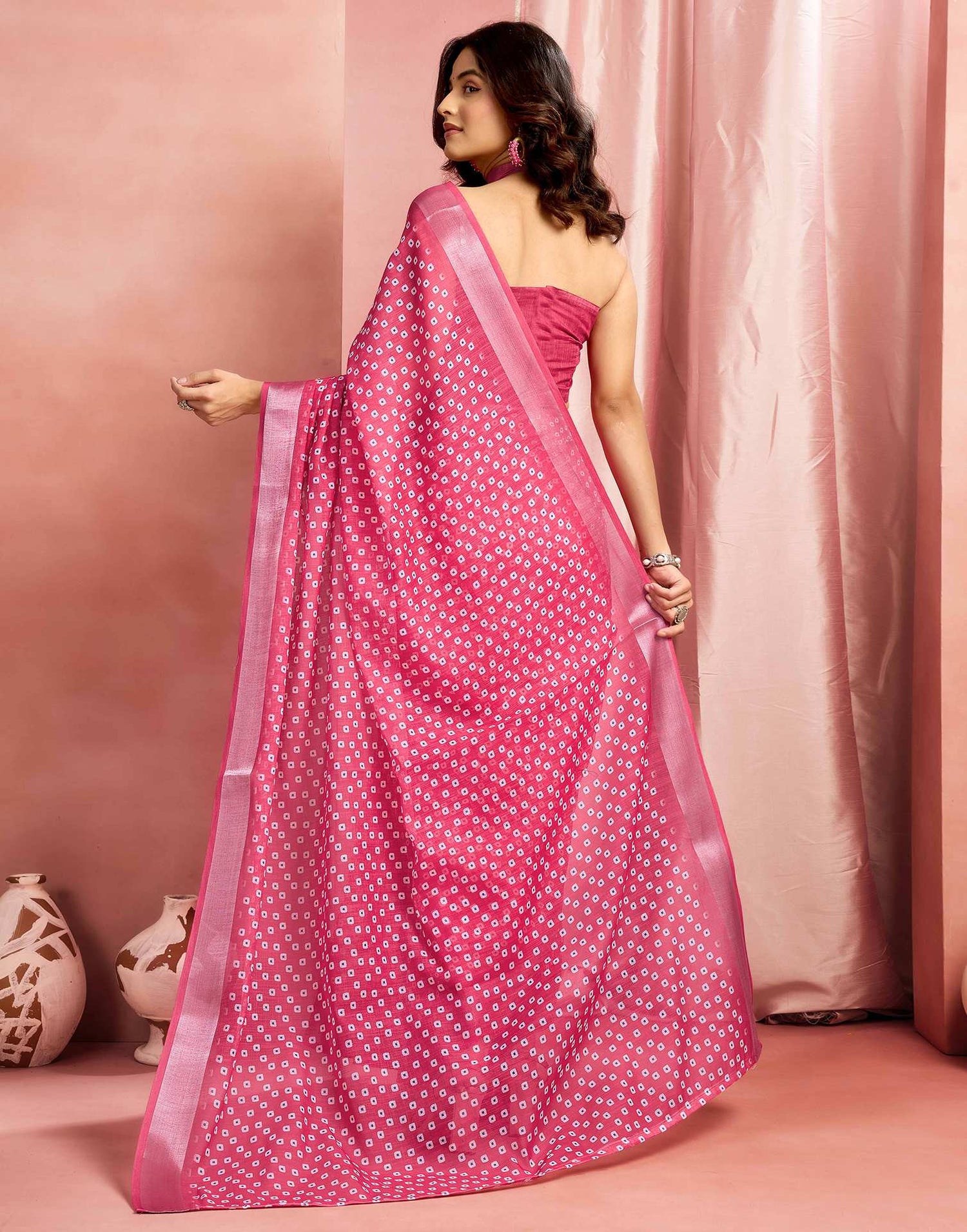 Dark Pink Cotton Linen Printed Saree