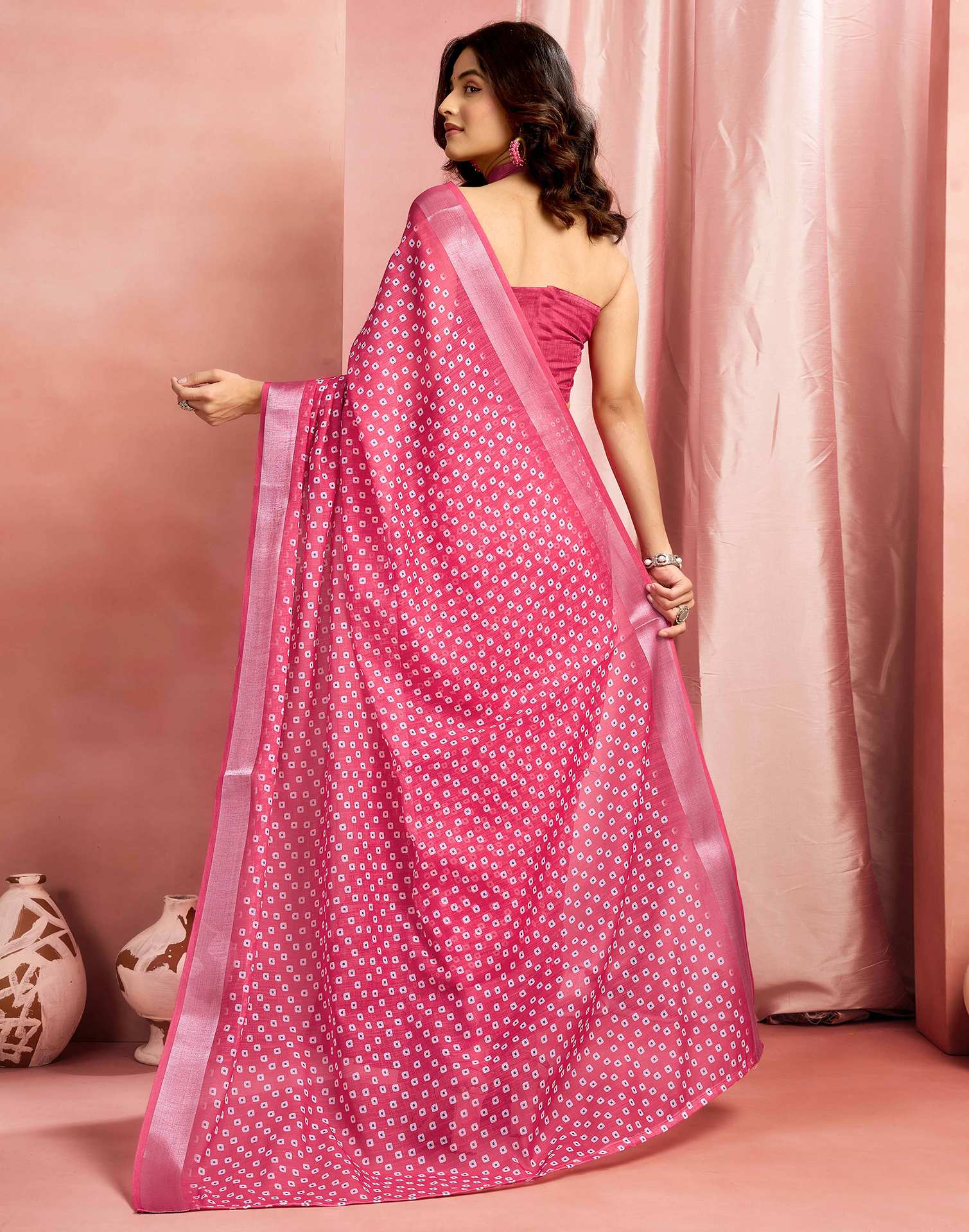 Dark Pink Cotton Linen Printed Saree