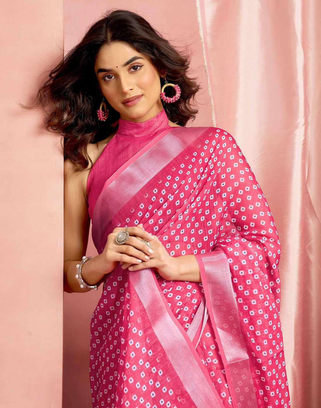 Dark Pink Cotton Linen Printed Saree