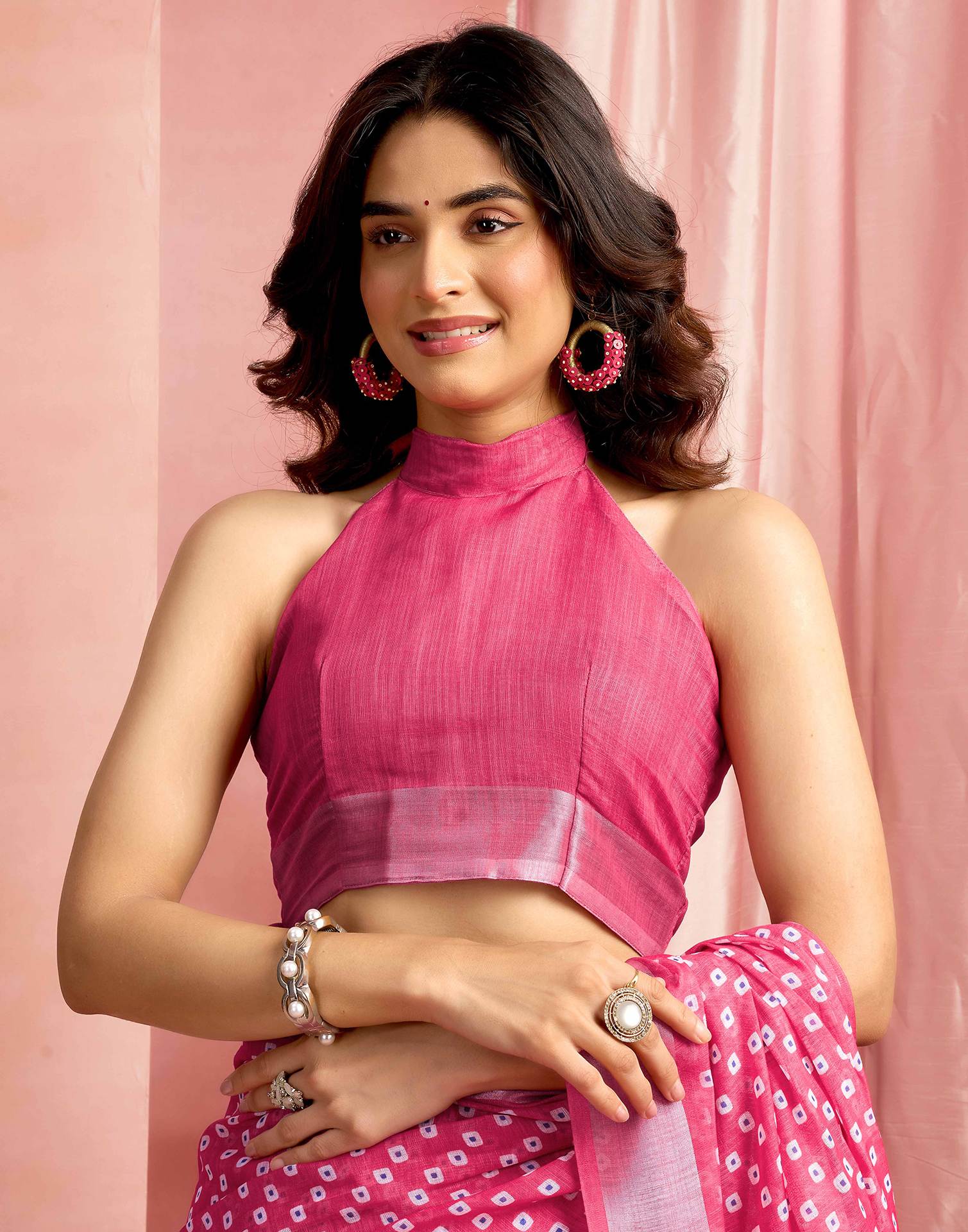 Dark Pink Cotton Linen Printed Saree