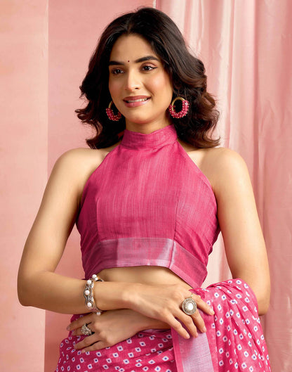 Dark Pink Cotton Linen Printed Saree
