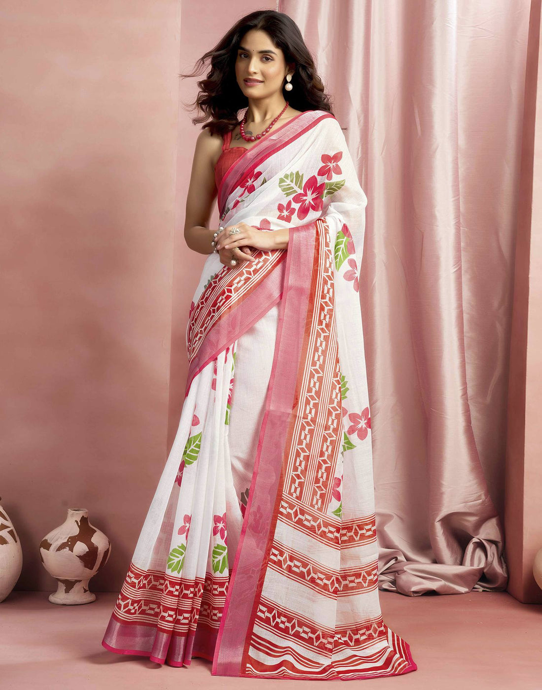 White Cotton Linen Floral Printed Saree