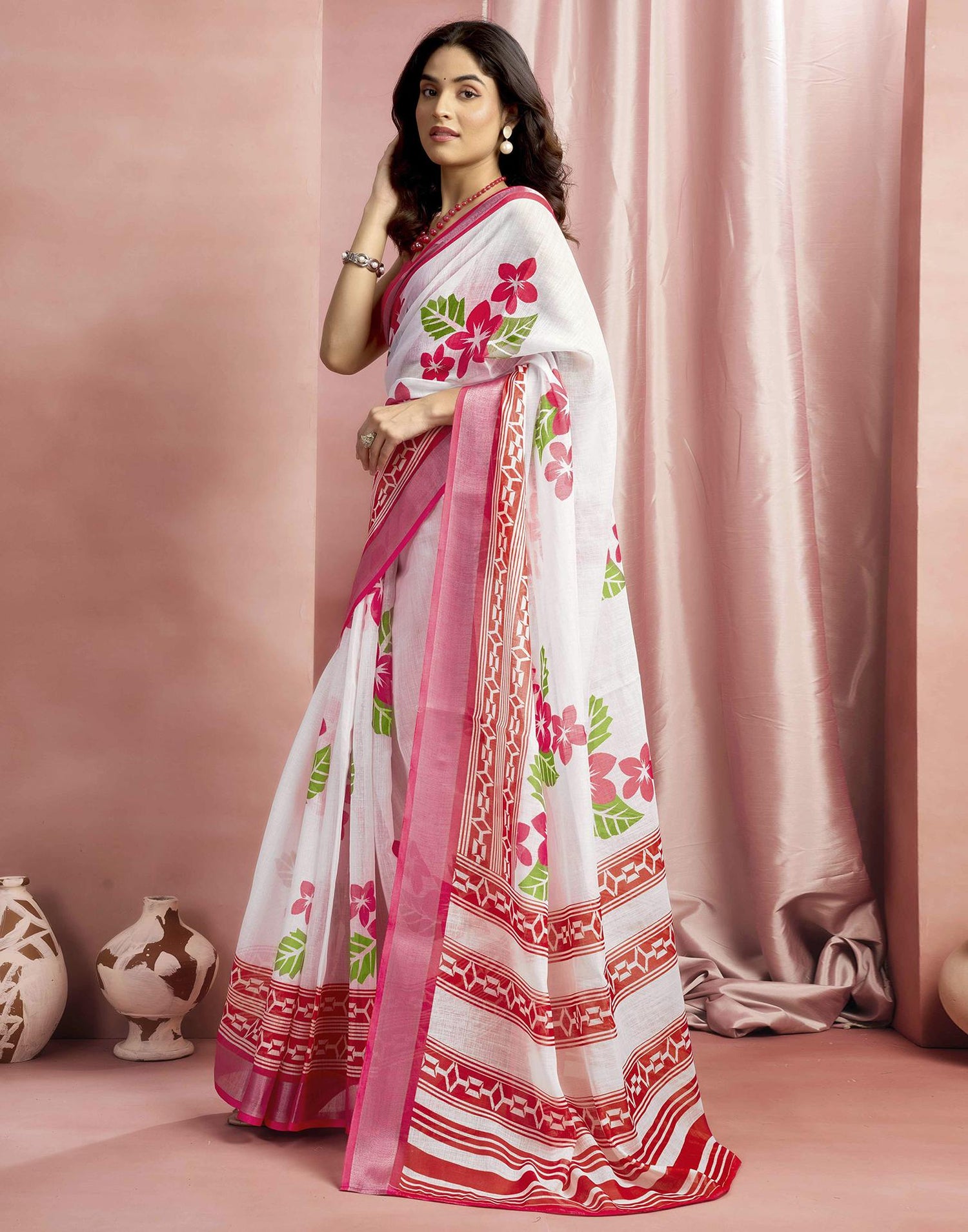 White Cotton Linen Floral Printed Saree