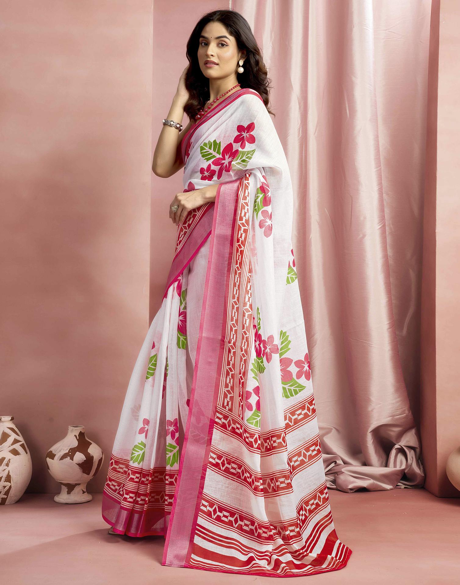 White Cotton Linen Floral Printed Saree