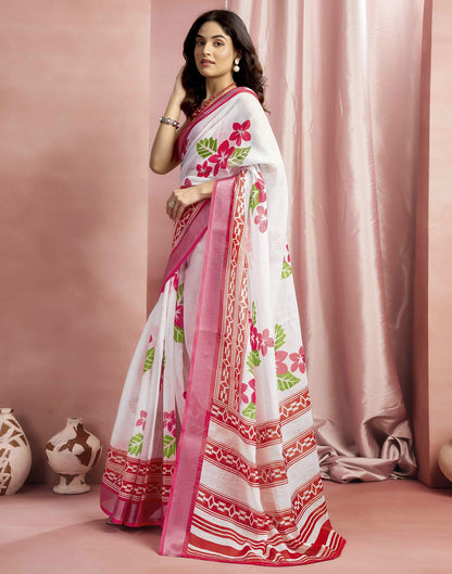 White Cotton Linen Floral Printed Saree