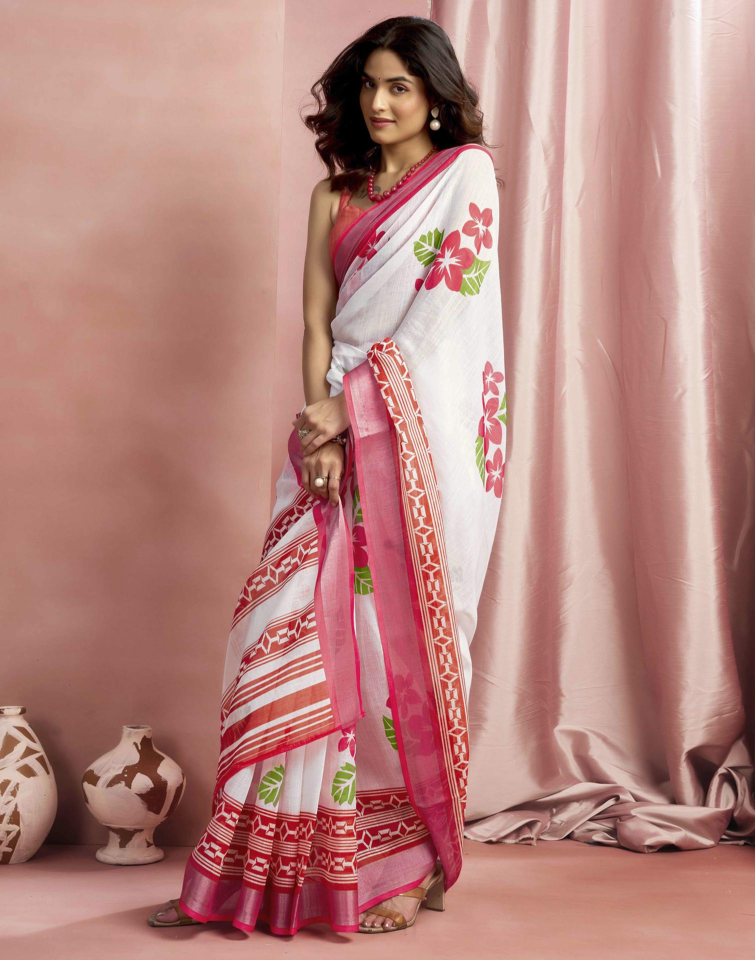 White Cotton Linen Floral Printed Saree
