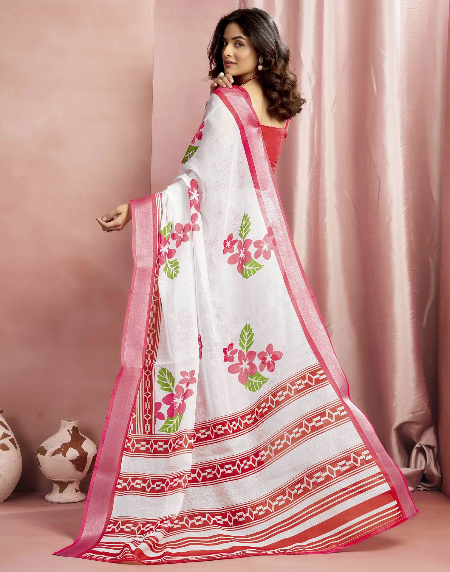 White Cotton Linen Floral Printed Saree