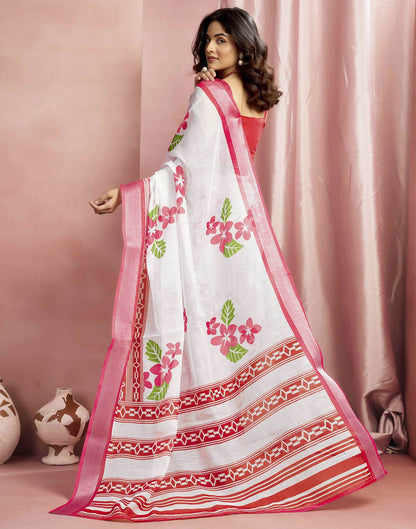 White Cotton Linen Floral Printed Saree
