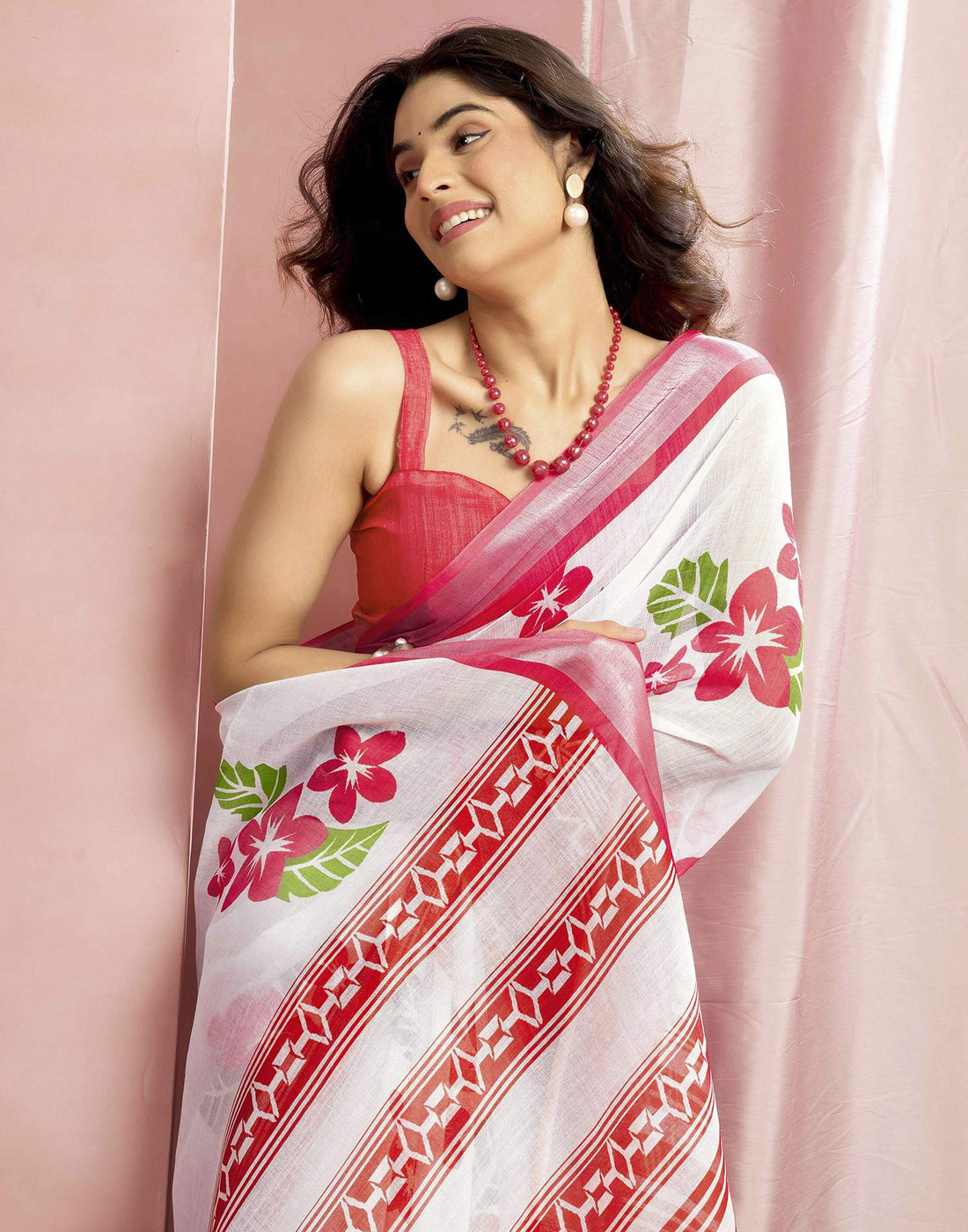 White Cotton Linen Floral Printed Saree