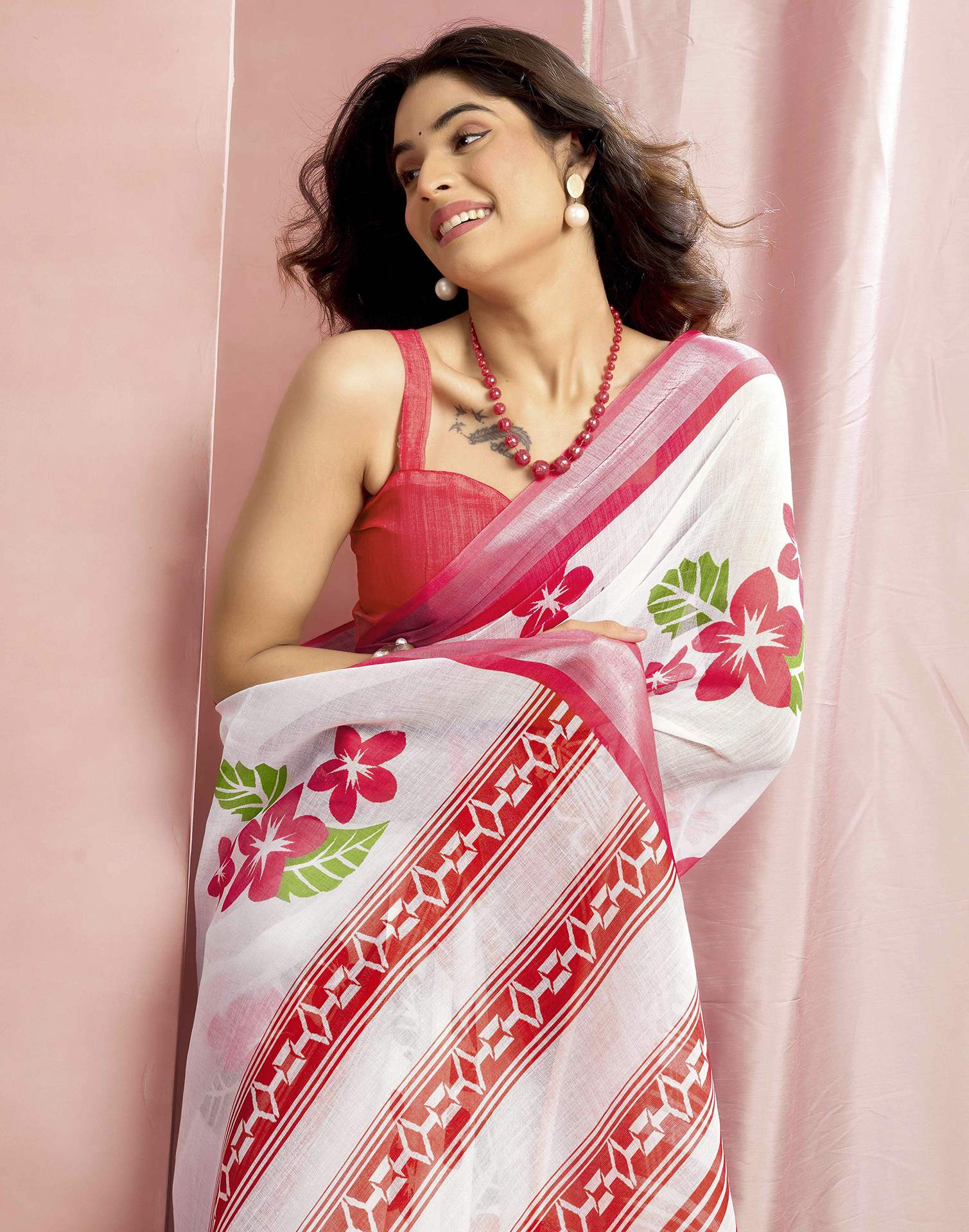 White Cotton Linen Floral Printed Saree
