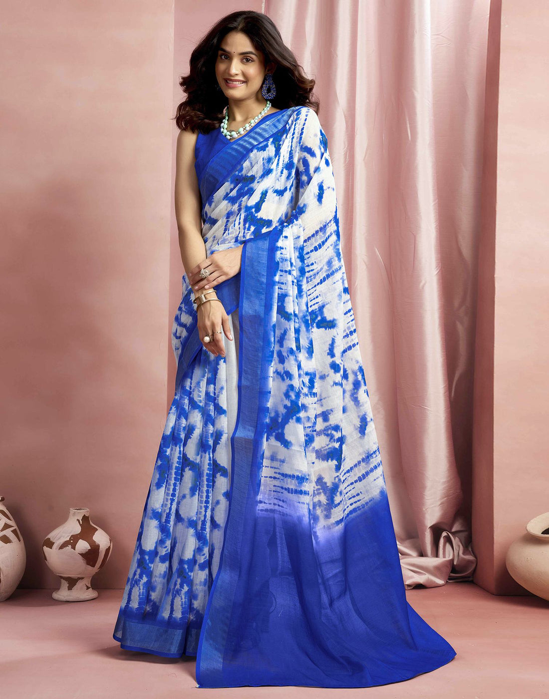 Blue Cotton Linen Printed Dyed Saree