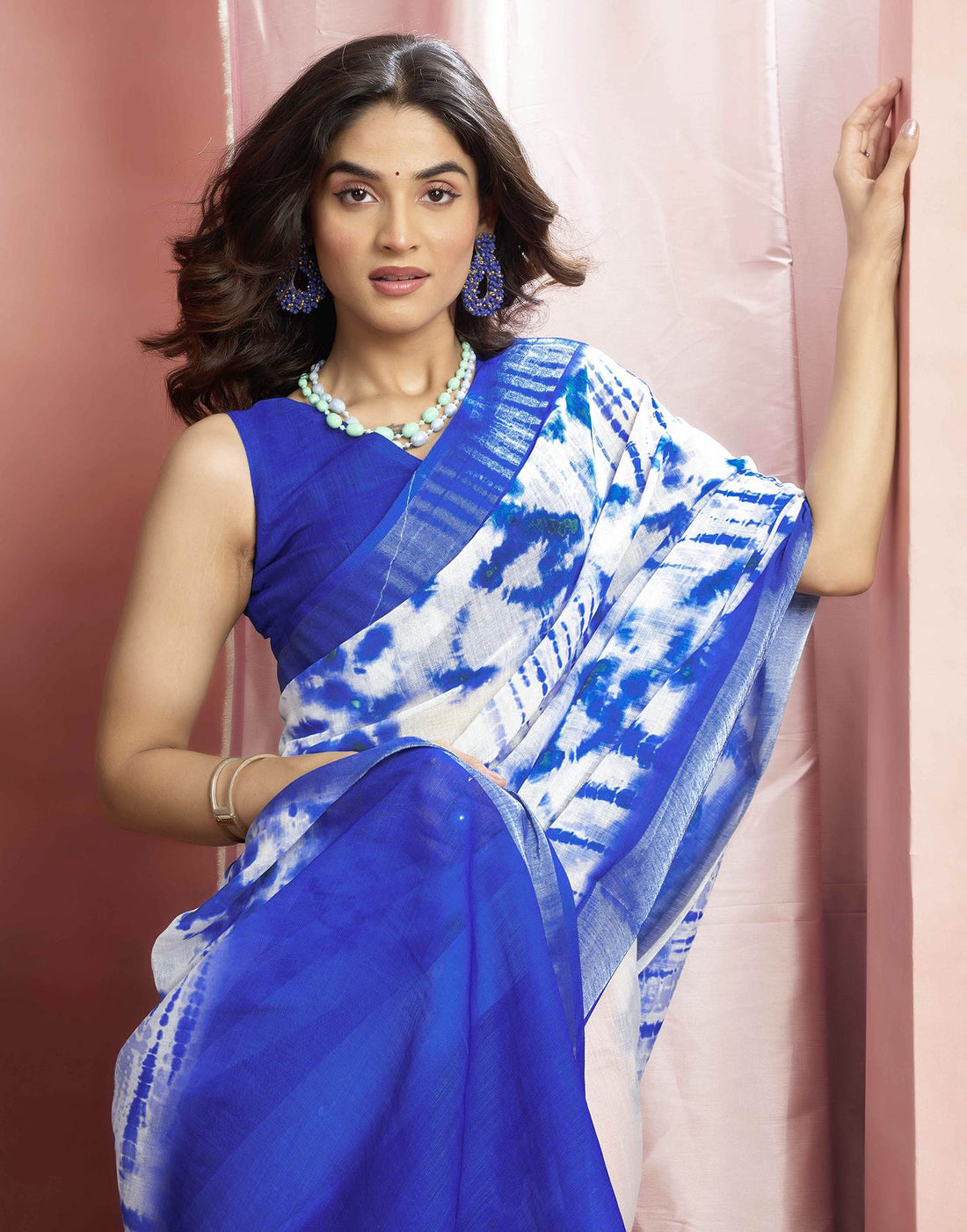 Blue Cotton Linen Printed Dyed Saree