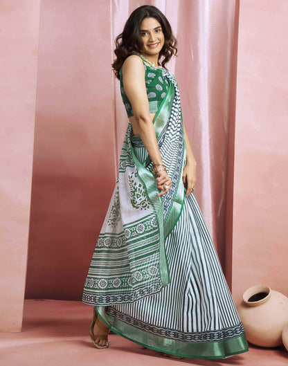 White Cotton Linen Printed Saree