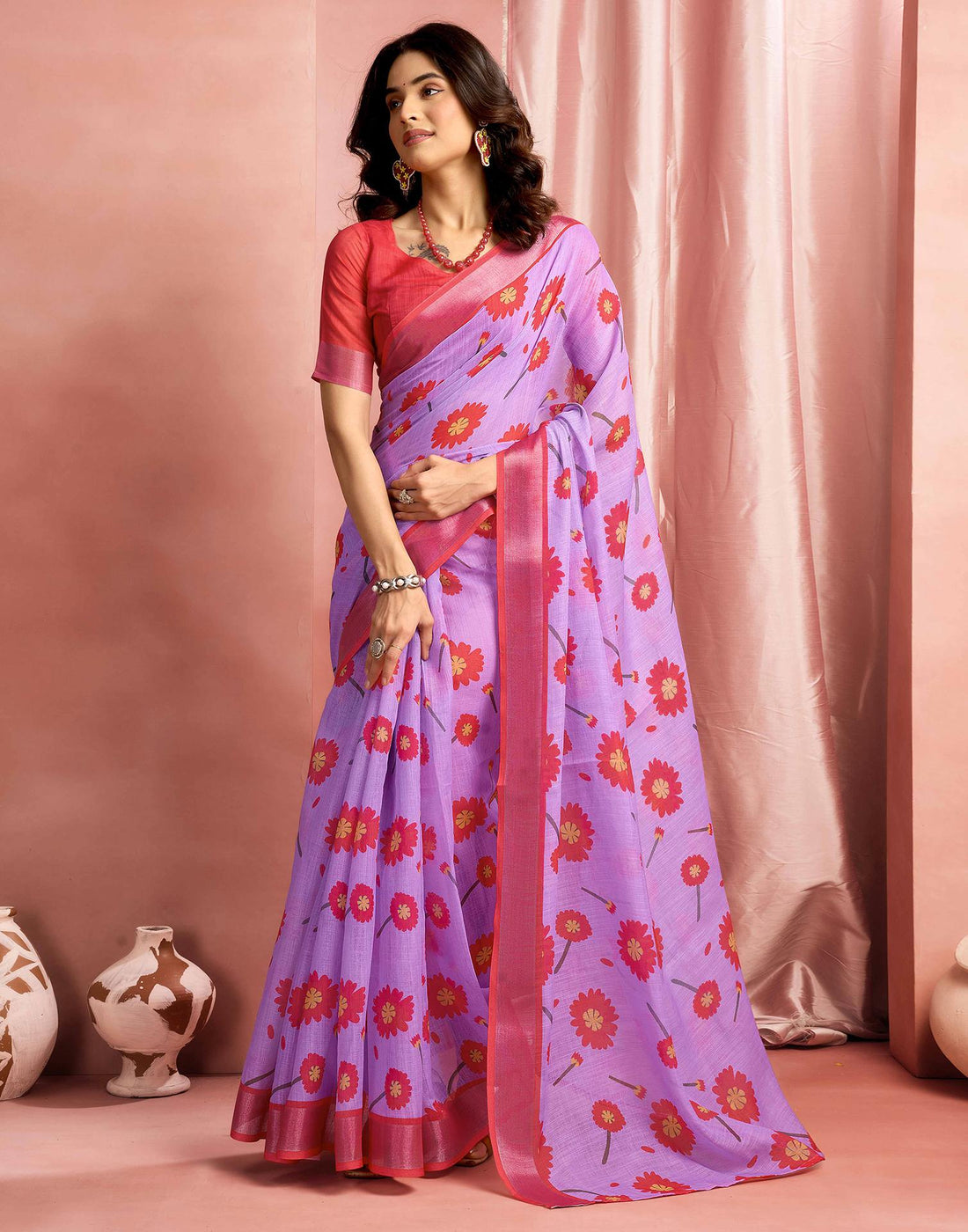 Lavender Cotton Linen Printed Saree