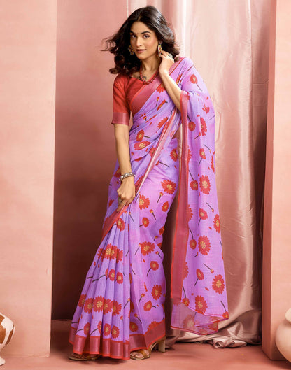 Lavender Cotton Linen Printed Saree