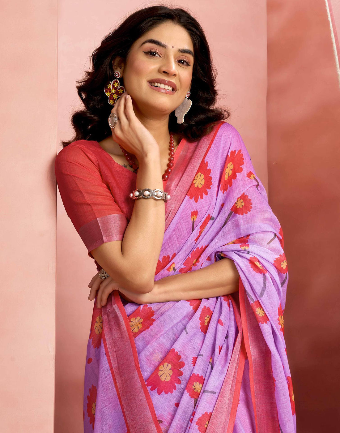 Lavender Cotton Linen Printed Saree