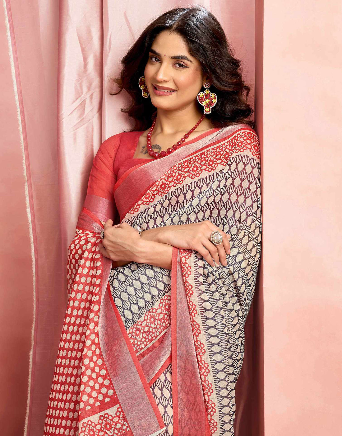 Beige Cotton Linen Printed Saree