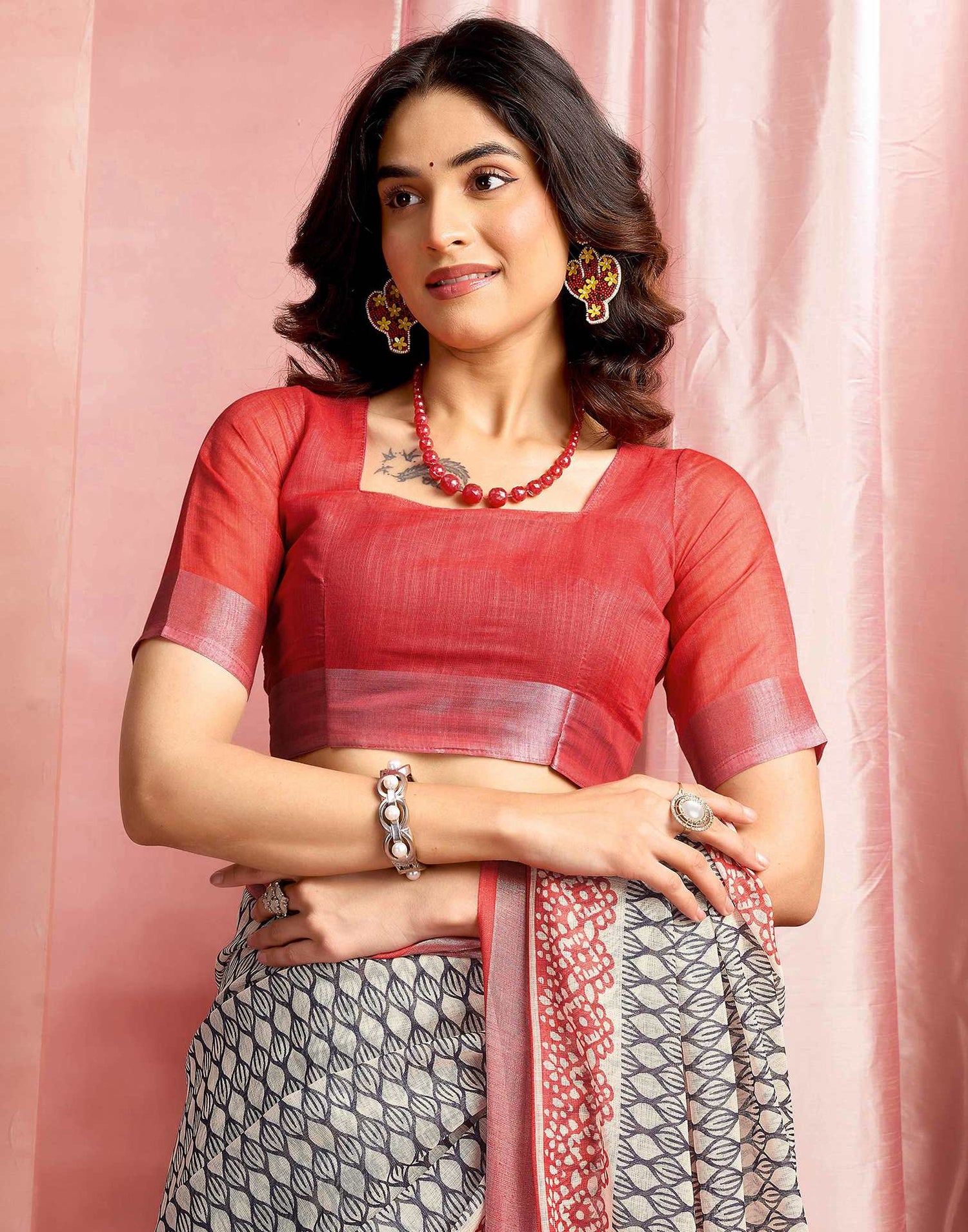Beige Cotton Linen Printed Saree