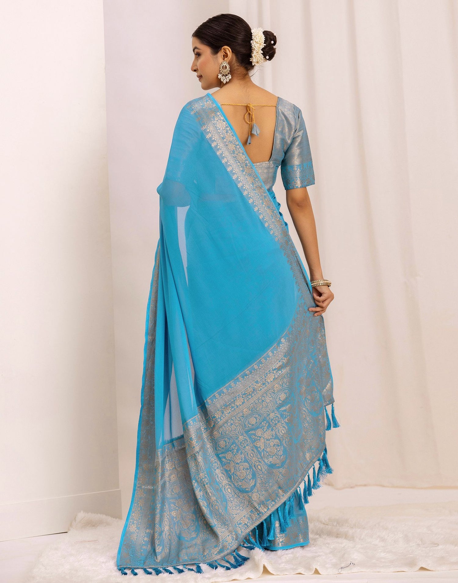 Ocean Blue Chiffon Woven Saree