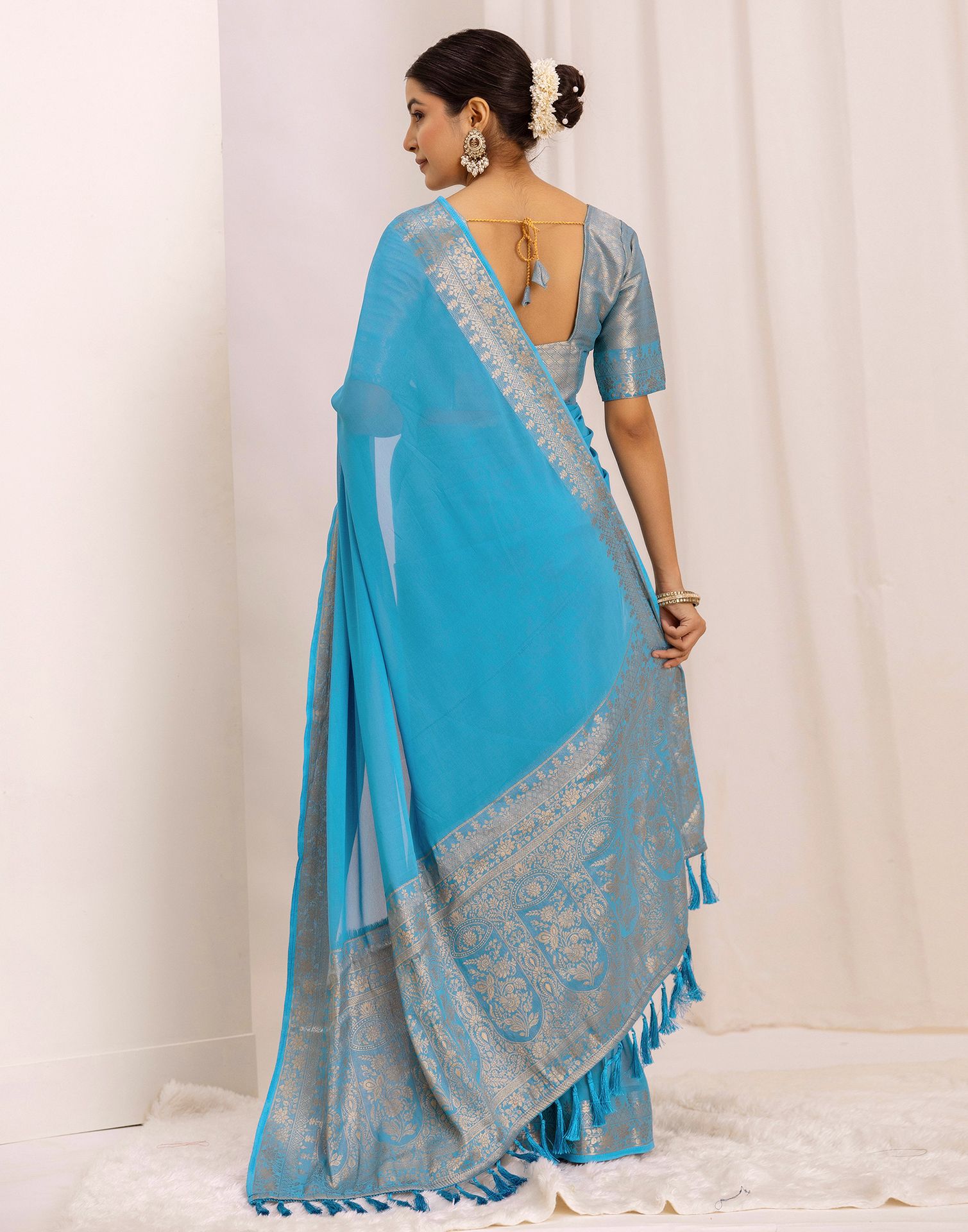 Ocean Blue Chiffon Woven Saree