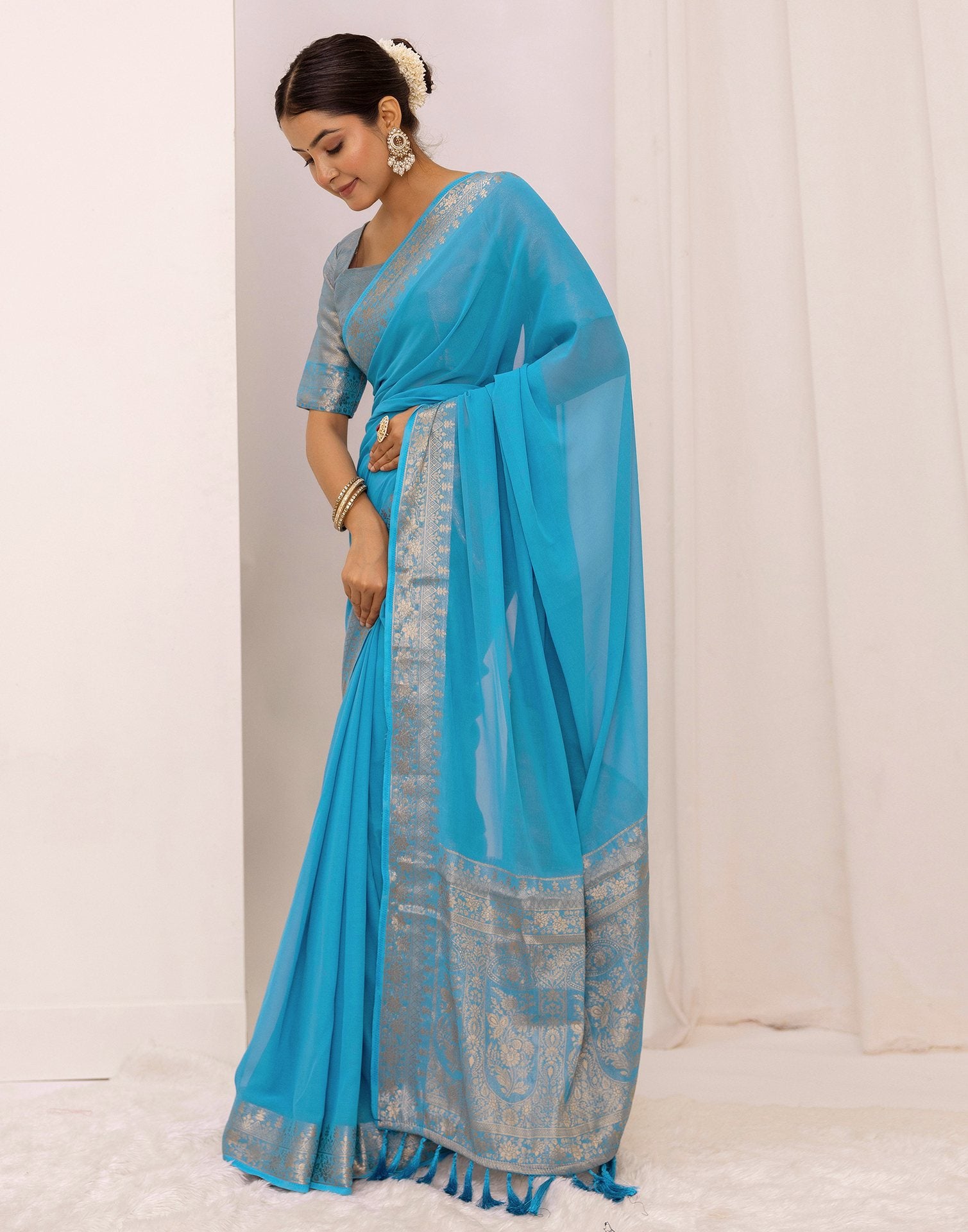 Ocean Blue Chiffon Woven Saree