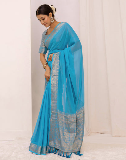 Ocean Blue Chiffon Woven Saree