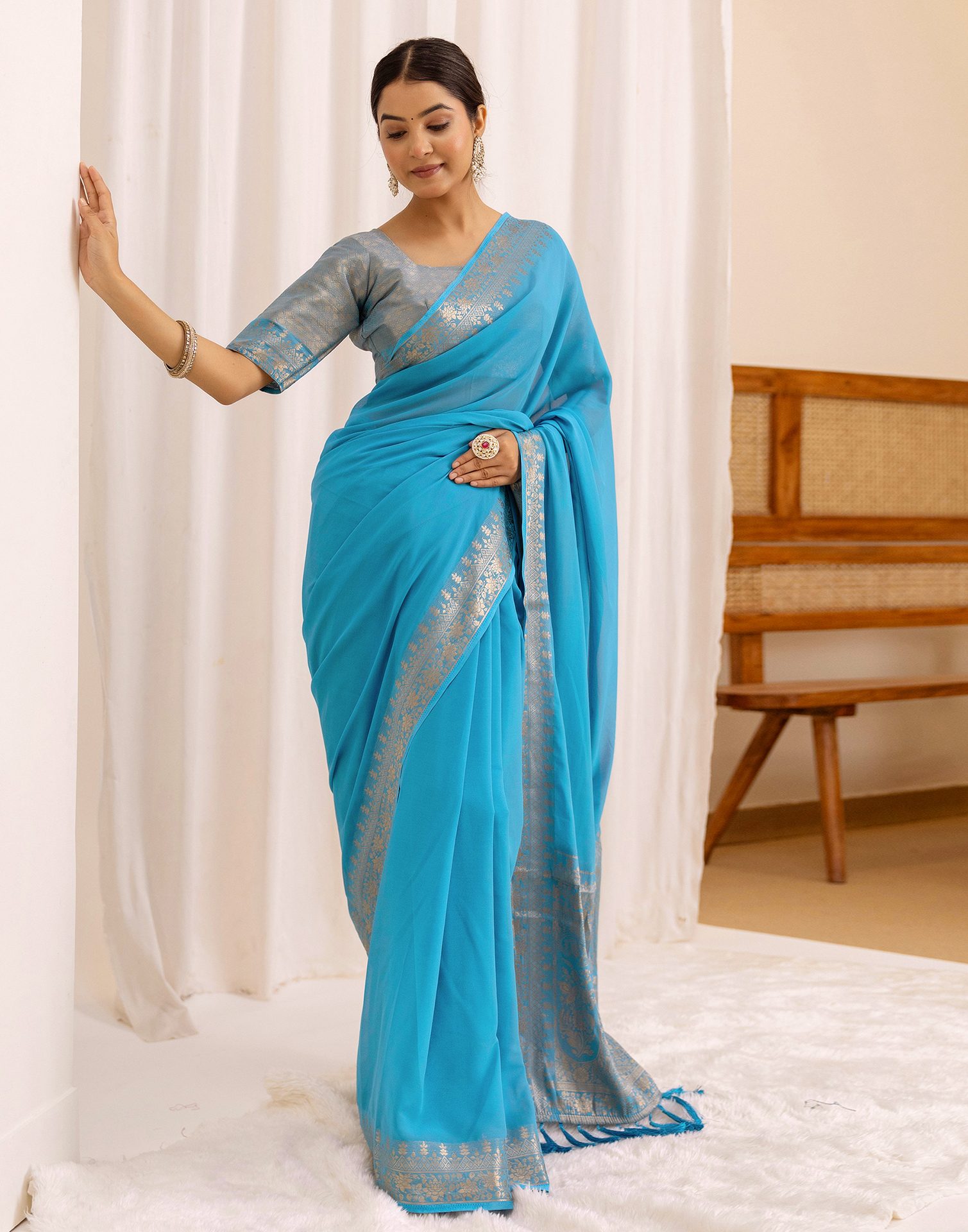 Ocean Blue Chiffon Woven Saree