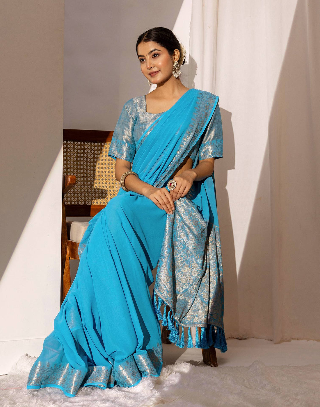 Ocean Blue Chiffon Woven Saree