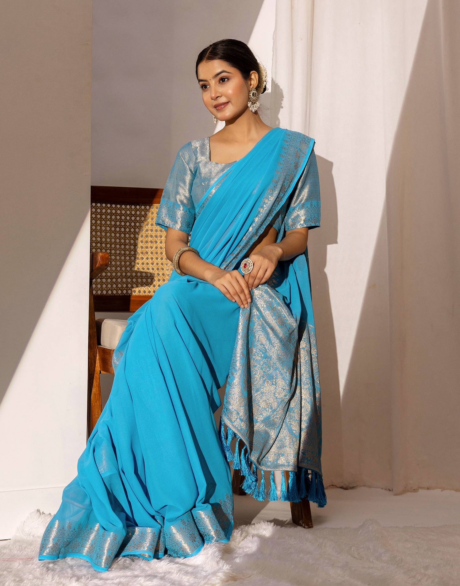 Ocean Blue Chiffon Woven Saree