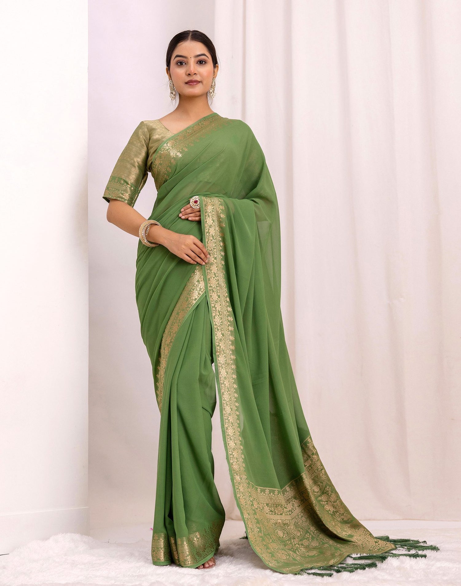 Fern Green Chiffon Woven Saree