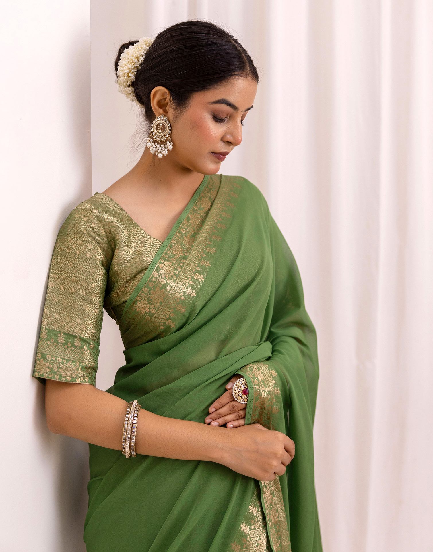 Fern Green Chiffon Woven Saree