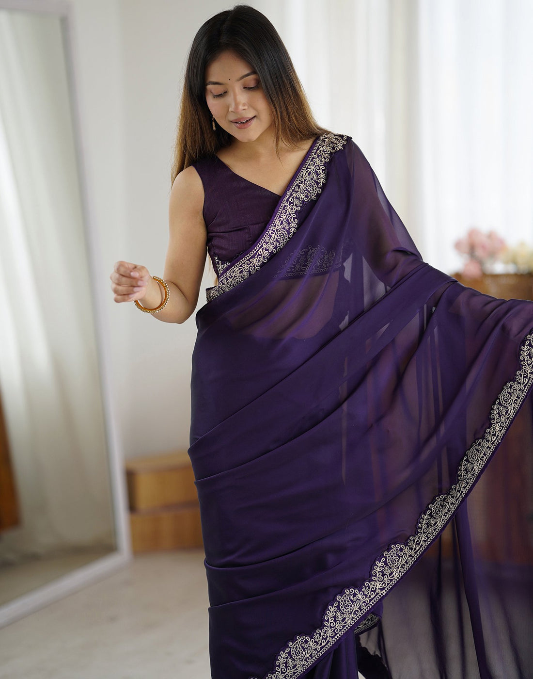 Dark Purple Silk Embroidery Lace Saree