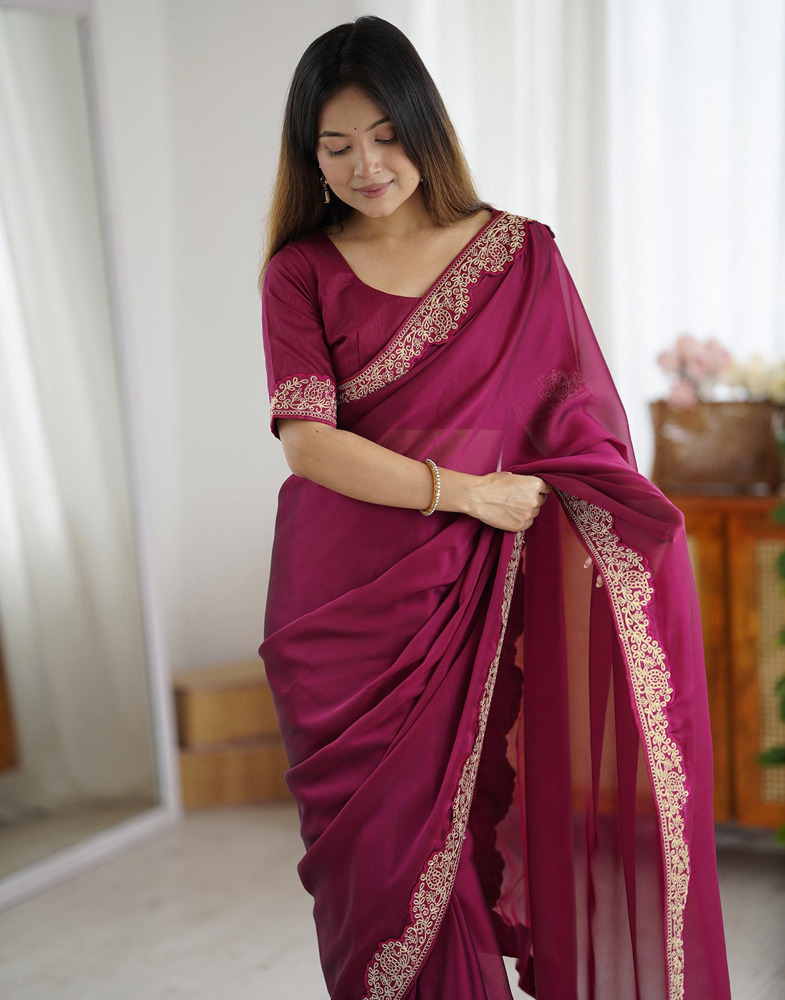 Purple Silk Embroidery Lace Saree