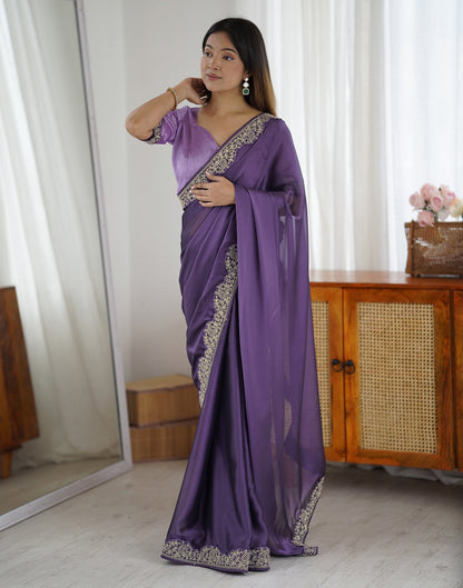 Plum Purple Silk Embroidery Lace Saree
