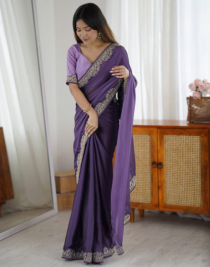 Plum Purple Silk Embroidery Lace Saree