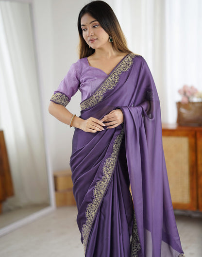 Plum Purple Silk Embroidery Lace Saree