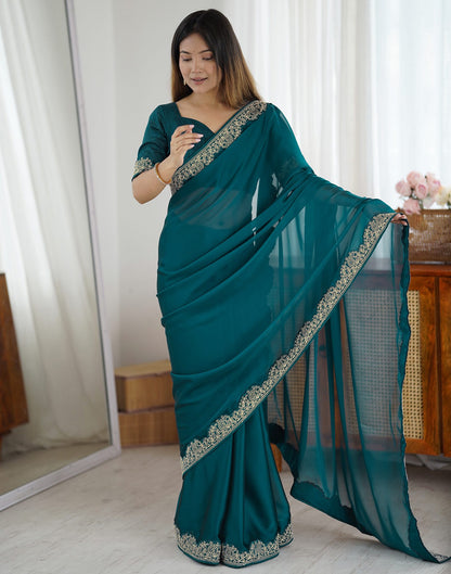 Rama Green Silk Embroidery Lace Saree