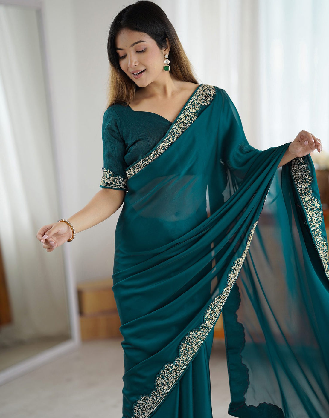 Rama Green Silk Embroidery Lace Saree