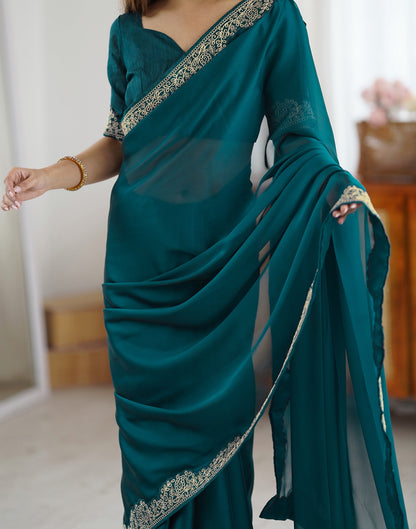 Rama Green Silk Embroidery Lace Saree