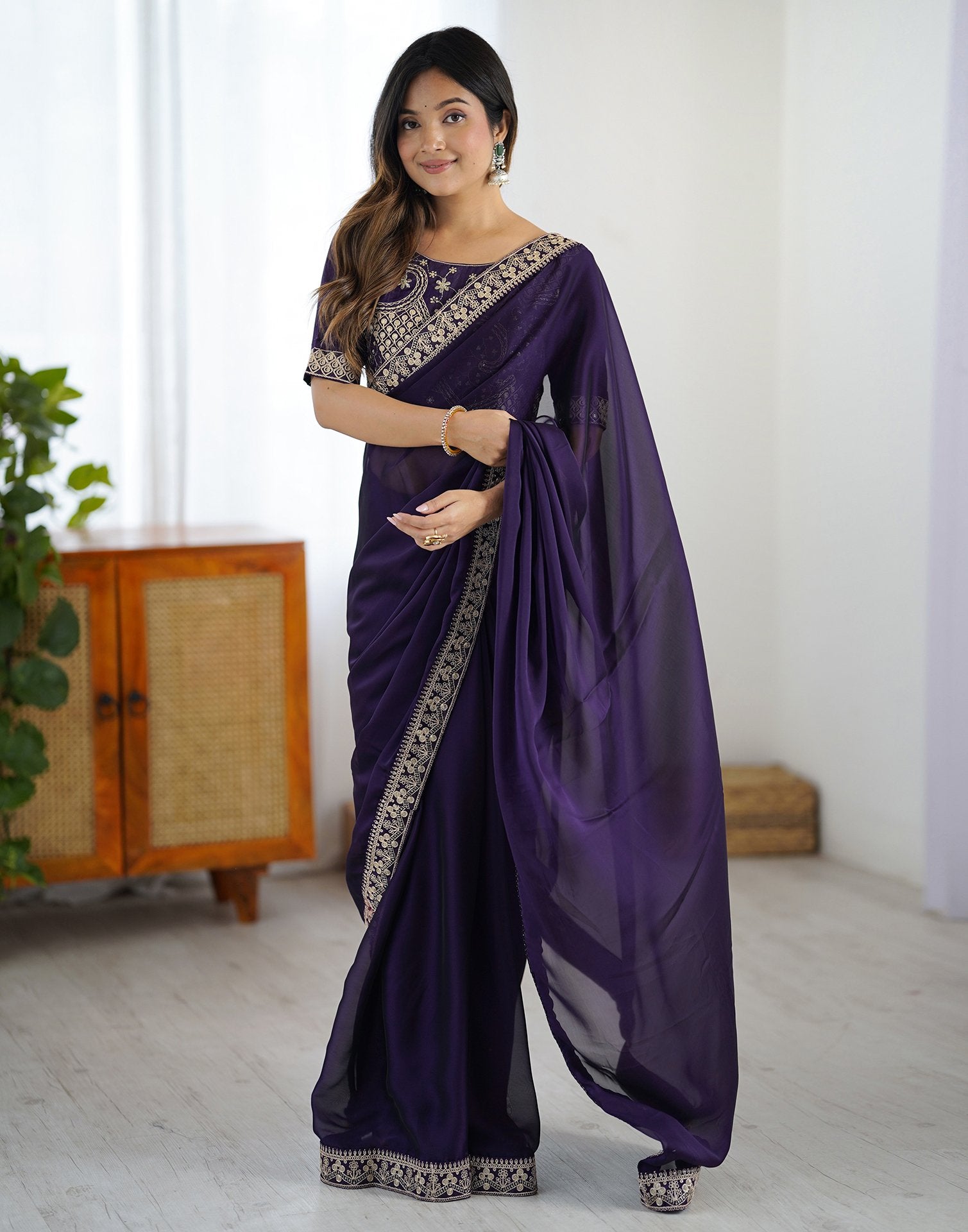 Dark Purple Silk Sequence Lace Saree