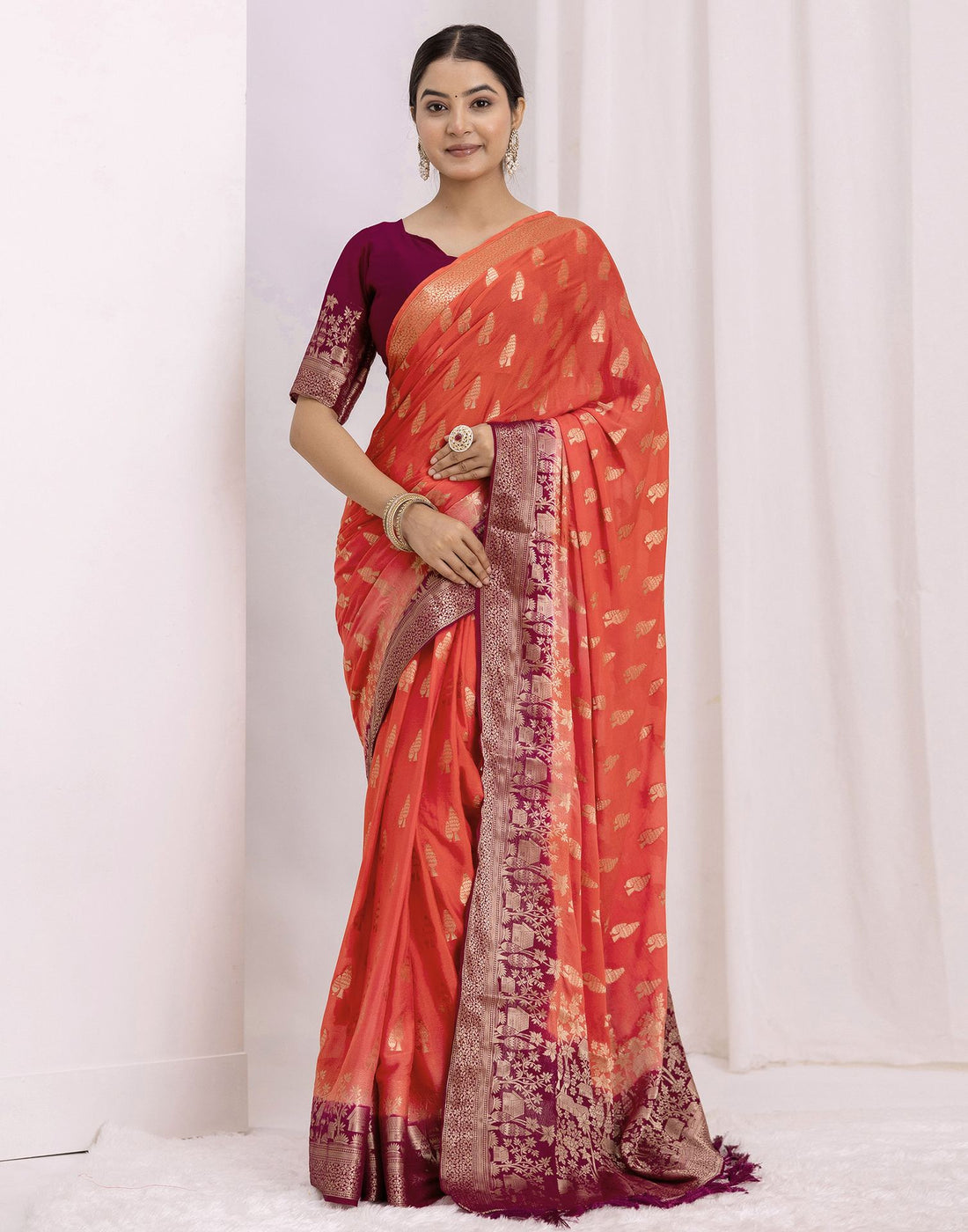 Coral Pink Chiffon Woven Saree